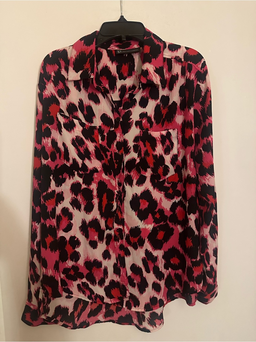 New York & Company Pink and Black Leopard Print Button-Down Shirt